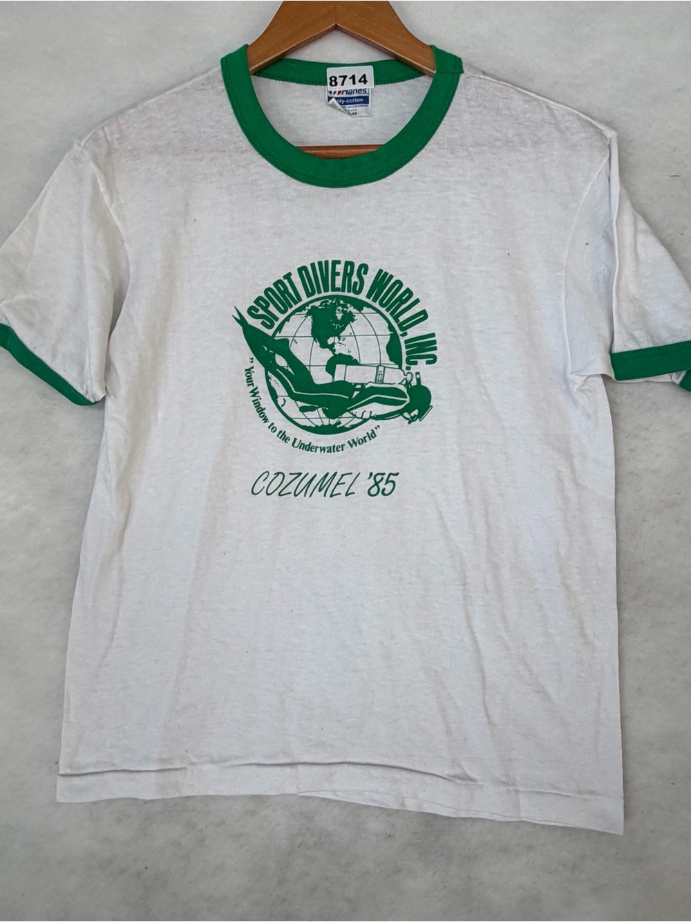 Vintage 1980s Hanes Sport Divers World Cozumel 1985 Ringer Tee Shirt M USA 8714